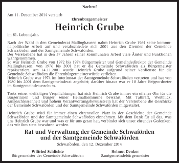 Traueranzeige von Heinrich Grube von KRZ