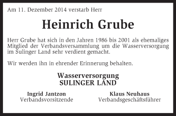 Traueranzeige von Heinrich Grube von KRZ