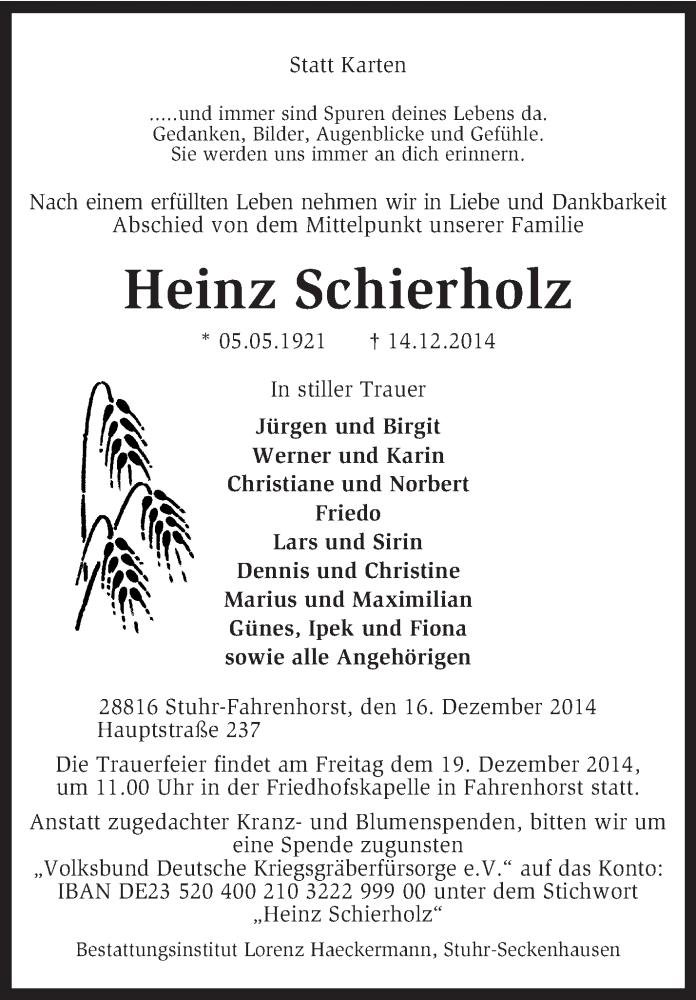  Traueranzeige für Heinz Schierholz vom 16.12.2014 aus KRZ