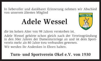 Traueranzeige von Adele Wessel von KRZ