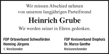 Traueranzeige von Heinrich Grube von KRZ