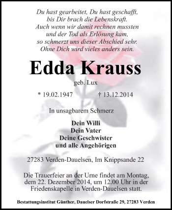 Traueranzeige von Edda Krauss von KRZ