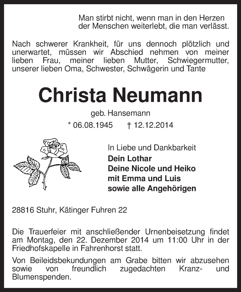 Traueranzeigen von Christa Neumann | trauer.kreiszeitung.de