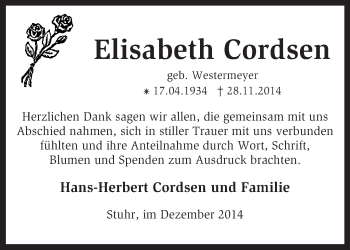 Traueranzeige von Elisabeth Cordsen von KRZ