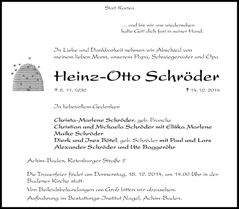  Traueranzeige für Heinz-Otto Schröder vom 17.12.2014 aus KRZ