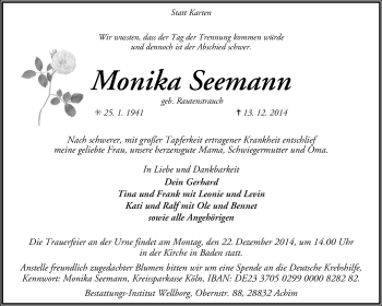 Traueranzeige von Monika Seemann von KRZ