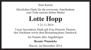 Traueranzeige von Lotte Hopp von KRZ