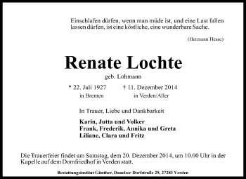 Traueranzeige von Renate Lochte von KRZ