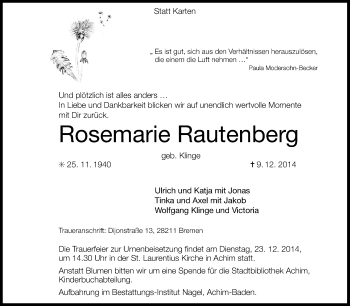Traueranzeige von Rosemarie Rautenberg von KRZ