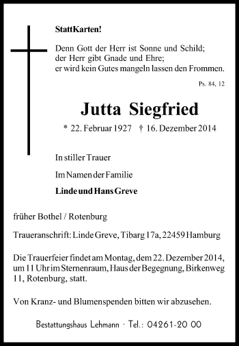 Traueranzeige von Jutta Siegfried von KRZ