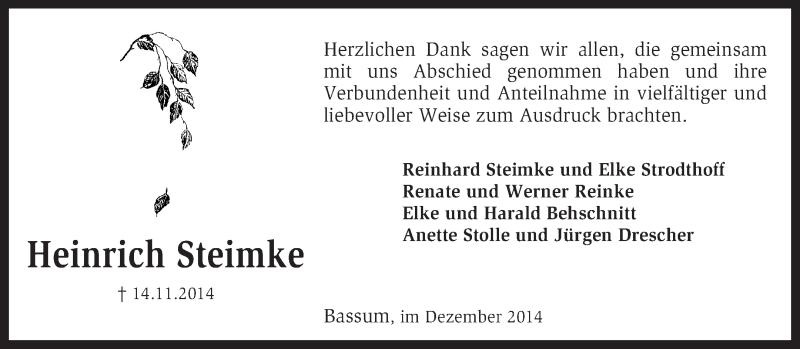  Traueranzeige für Heinrich Steimke vom 20.12.2014 aus KRZ