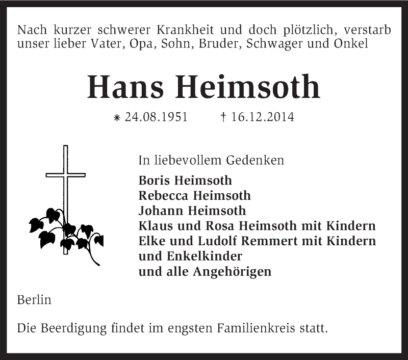  Traueranzeige für Hans Heimsoth vom 20.12.2014 aus KRZ