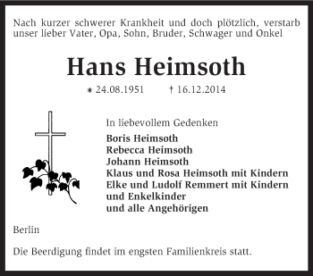 Traueranzeige von Hans Heimsoth von KRZ