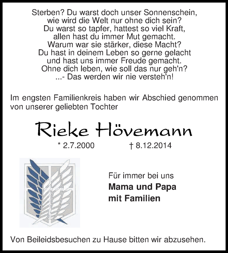  Traueranzeige für Rieke Hövemann vom 19.12.2014 aus KRZ