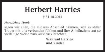 Traueranzeige von Herbert Harries von KRZ