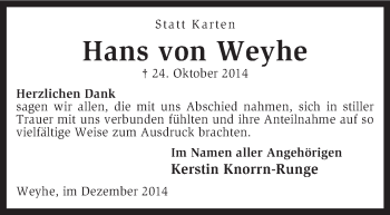 Traueranzeige von Hans von Weyhe von KRZ