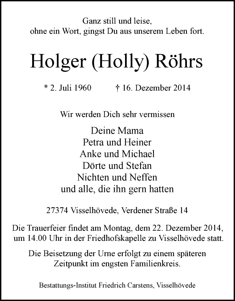  Traueranzeige für Holger Röhrs vom 20.12.2014 aus KRZ