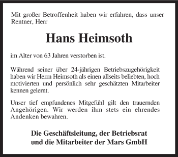 Traueranzeige von Hans Heimsoth von KRZ