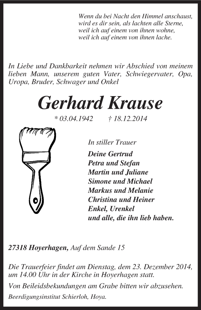  Traueranzeige für Gerhard Krause vom 20.12.2014 aus KRZ