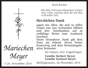 Traueranzeige von Mariechen Meyer von KRZ