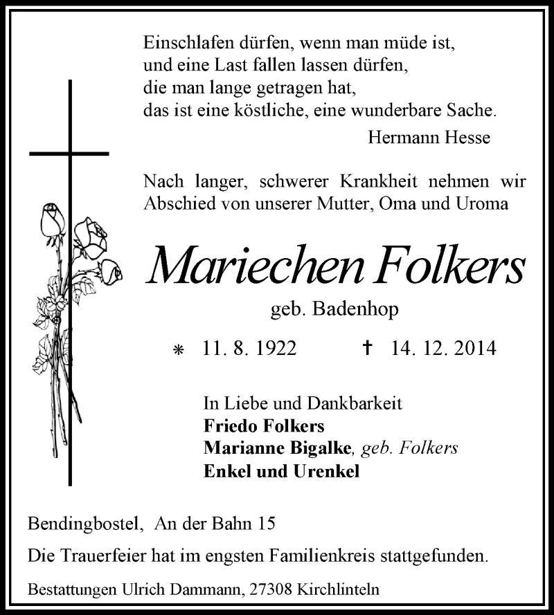  Traueranzeige für Mariechen Folkers vom 22.12.2014 aus KRZ