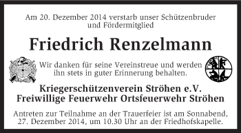 Traueranzeige von Friedrich Renzelmann von KRZ