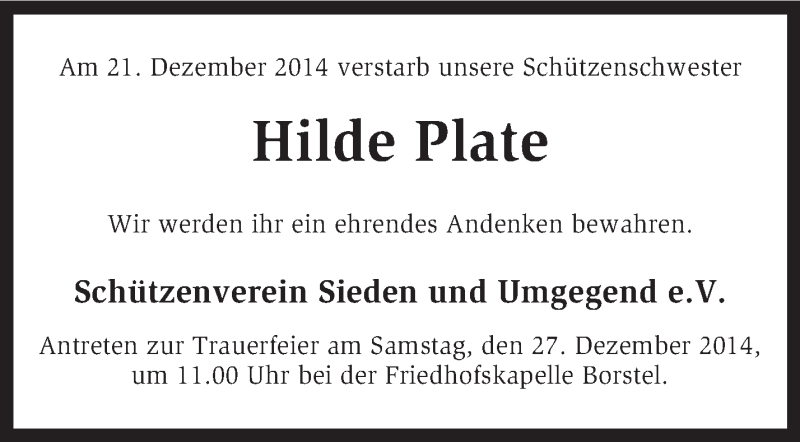  Traueranzeige für Hilde Plate vom 23.12.2014 aus KRZ
