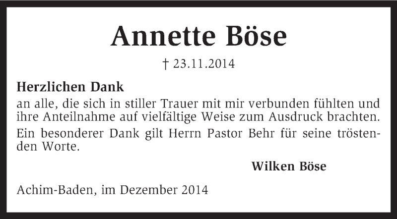  Traueranzeige für Annette Böse vom 30.12.2014 aus KRZ