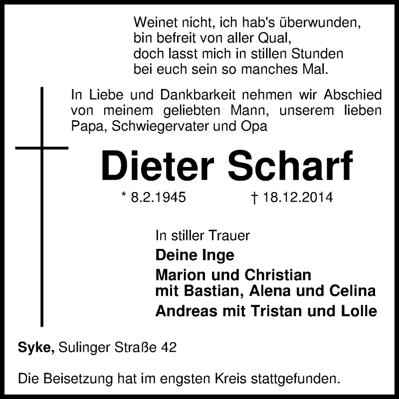  Traueranzeige für Dieter Scharf vom 24.12.2014 aus KRZ