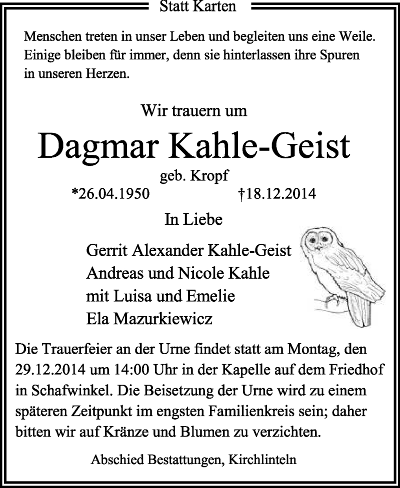  Traueranzeige für Dagmar Kahle-Geist vom 24.12.2014 aus KRZ