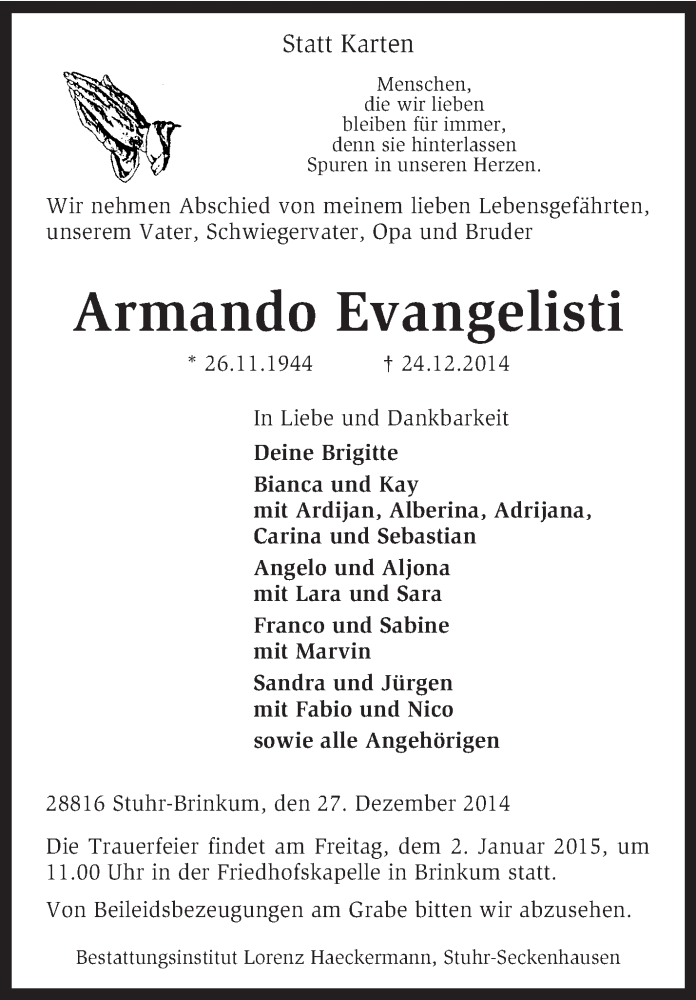  Traueranzeige für Armando  Evangelisti vom 27.12.2014 aus Kreiszeitung