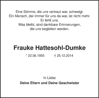 Traueranzeige von Frauke Hattesohl-Dumke von KRZ