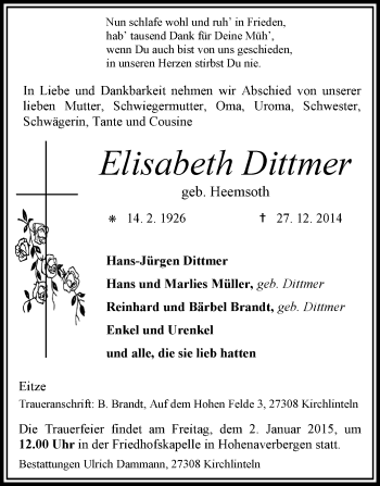 Traueranzeige von Elisabeth Dittmer von KRZ