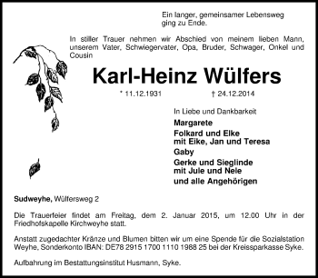 Traueranzeige von Karl-Heinz Wülfers von KRZ