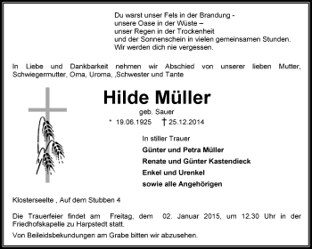 Traueranzeige von Hilde Müller von KRZ