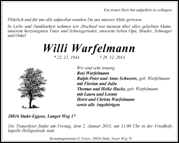 Traueranzeige von Willi Warfelmann von KRZ