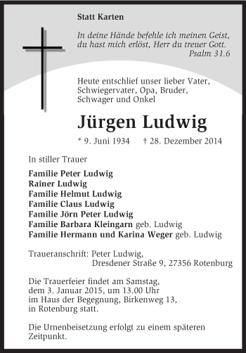 Traueranzeige von Jürgen Ludwig von KRZ