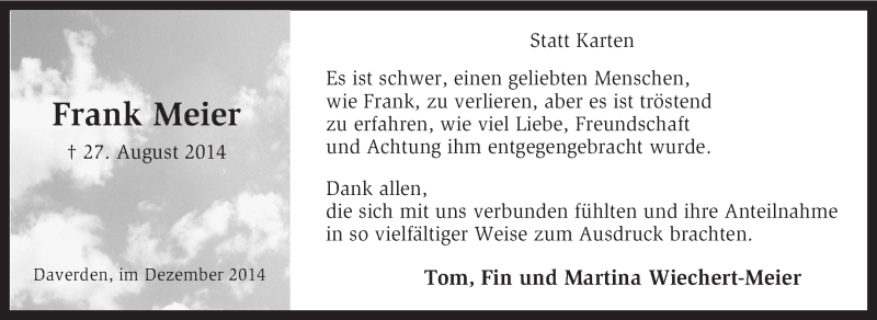  Traueranzeige für Frank Meier vom 31.12.2014 aus KRZ