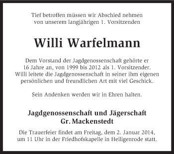 Traueranzeige von Willi Warfelmann von KRZ