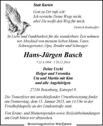 Traueranzeige von Hans-Jürgen Busch von KRZ