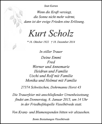 Traueranzeige von Kurt Scholz von KRZ