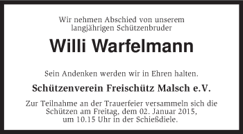 Traueranzeige von Willi Warfelmann von KRZ