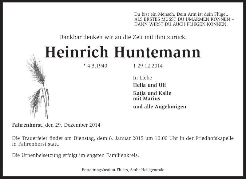  Traueranzeige für Heinrich Huntemann vom 02.01.2015 aus KRZ