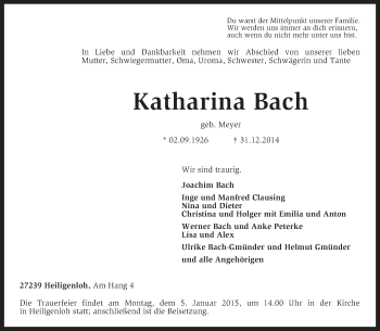 Traueranzeige von Katharina Bach von KRZ