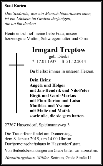 Traueranzeige von Irmgard Treptow von KRZ