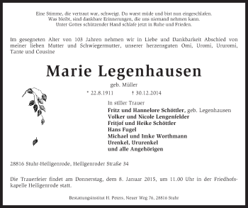 Traueranzeige von Marie Legenhausen von KRZ