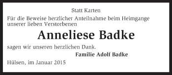 Traueranzeige von Anneliese Badke von KRZ