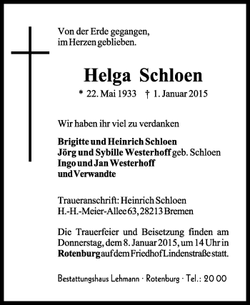 Traueranzeige von Helga Schloen von KRZ