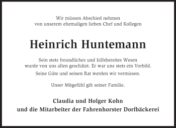 Traueranzeige von Heinrich Huntemann von KRZ