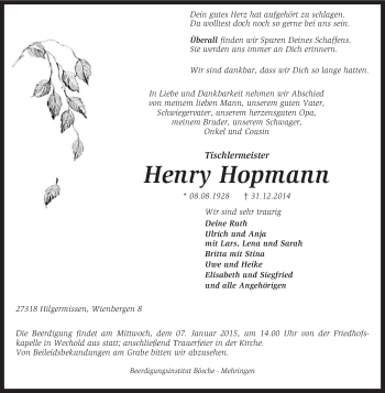 Traueranzeige von Henry Hopmann von KRZ